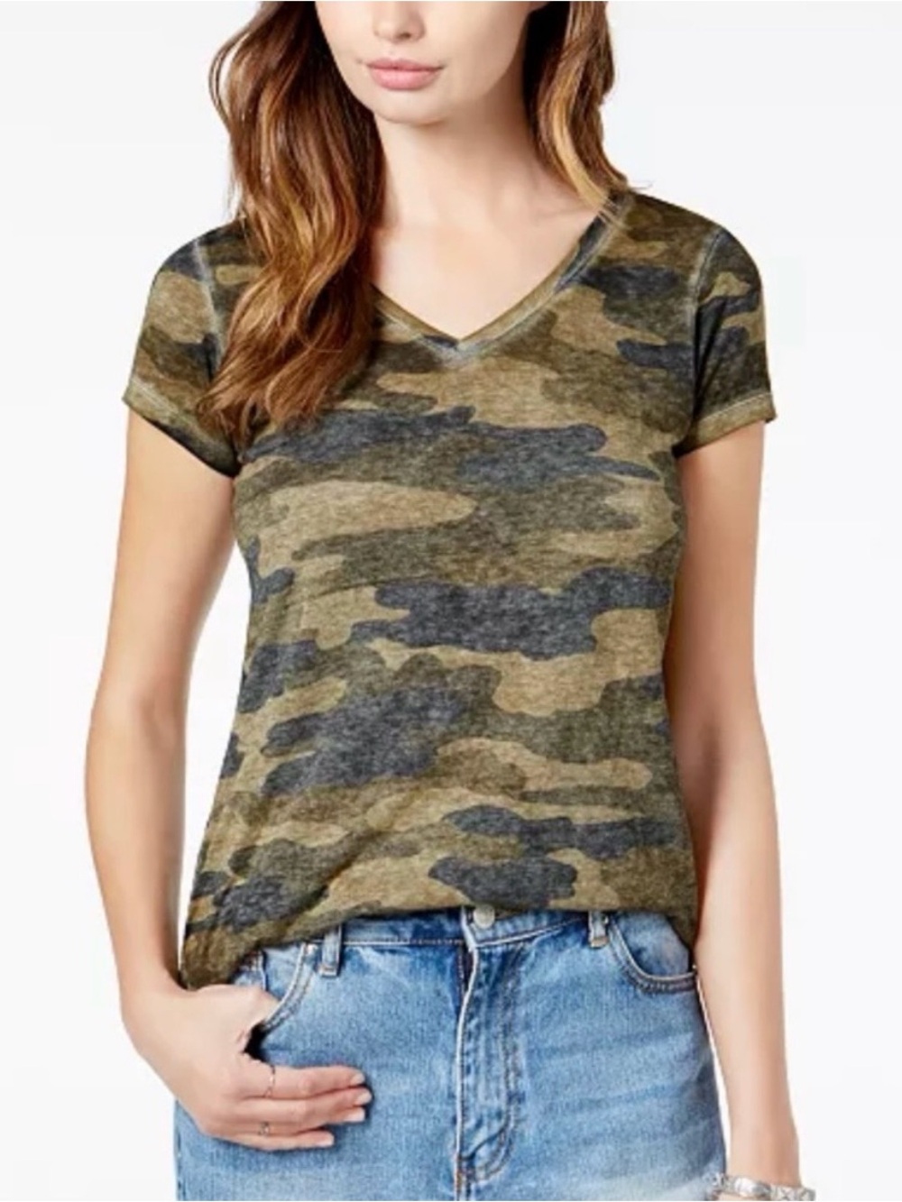 Lucky Brand Olive Green Camo V-Neck Short Sleeve Tee